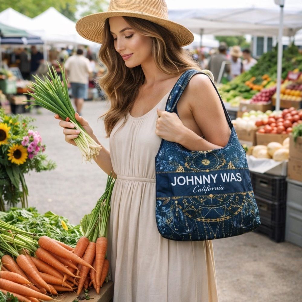 Johnny Was packable reusable California Dreaming Blue Lightweight nylon tote bag